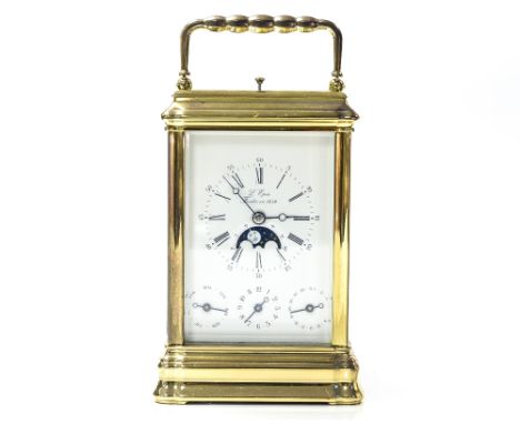 An L'Epee repeating carriage clock, 20th Century, brass corniche case with visible escapement, enamel Roman dial with lunar e