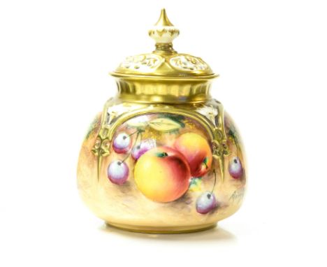 Royal Worcester fruit painted pot pourri jar and cover, squat ovoid form with moulded arcading and reticulated lid, decorated