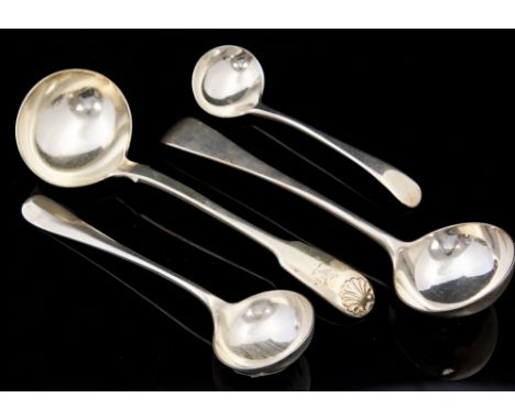 A group of four silver ladles comprising a cream ladle in Old English pattern, maker Solomon Hougham, hallmark London 1797, t