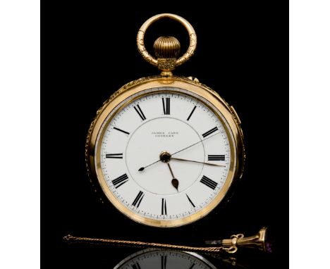 A late Victorian 18ct gold pocket watch retailed by James Carr, Chorley, Sheffield, 1879, clip hinge dial guard, engraved det