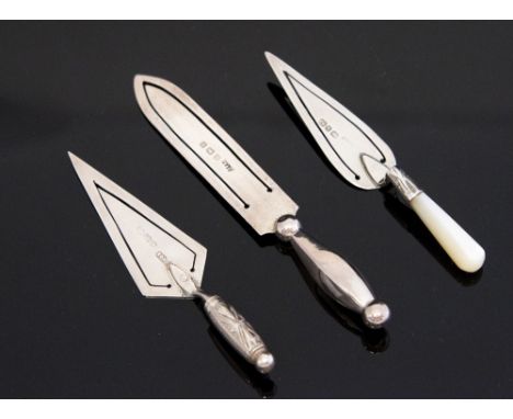 Two Victorian silver trowel shaped book marks, one with mother of pearl handle, the other silver, hallmarks Birmingham1895 an