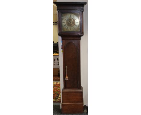 A George III oak eight day longcase clock, inscribed 'P Brown, Birmingham', the glazed hood door opening to reveal a brass di