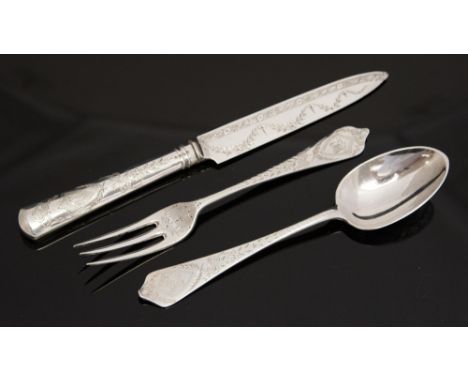 A Victorian silver knife, fork and spoon, probably a Christening set with foliate swags and bows and monogram within a cartou