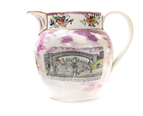 A George III Sunderland commemorative pink lustre jug, with a black transfer image of the cast iron bridge at Sunderland buil