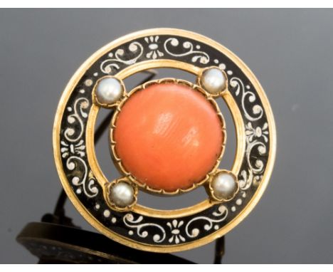 A mid 19th century coral, seed pearl and enamel 18ct yellow gold target brooch, the central coral cabochon set with four seed