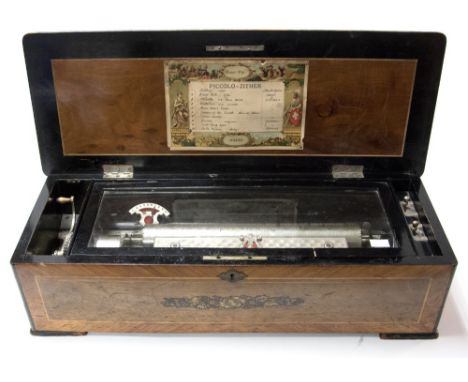 A 19th Century Swiss Piccolo Zither table top cylinder music box, string and floral marquetry case, inner lid with song sheet