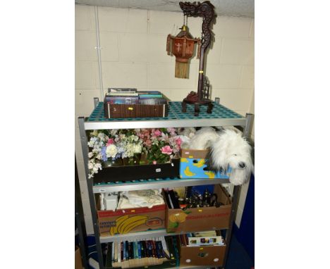 NINE BOXES AND LOOSE BOOKS, METALWARES, CHINESE HARDWOOD TABLE LAMP, TABLE LINEN, etc, including artificial flowers, silver p