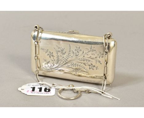 A GEORGE V SILVER RECTANGULAR PURSE, foliate engraved decoration back and front, tan leather lined interior, on a short chain