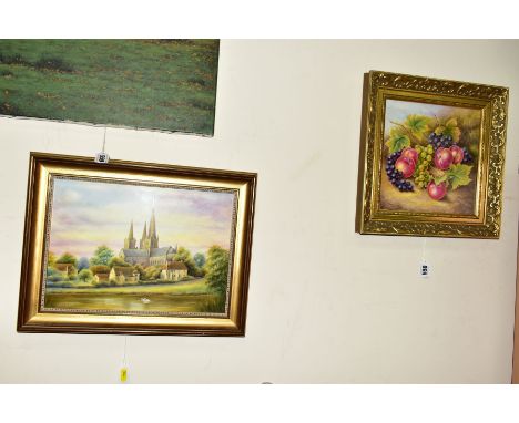 CLERMONT FINE CHINA PORCELAIN PLAQUES, fallen fruit by P.Lynes, gilt framed, approximate size 25cm x 25cm, together with 'Lic