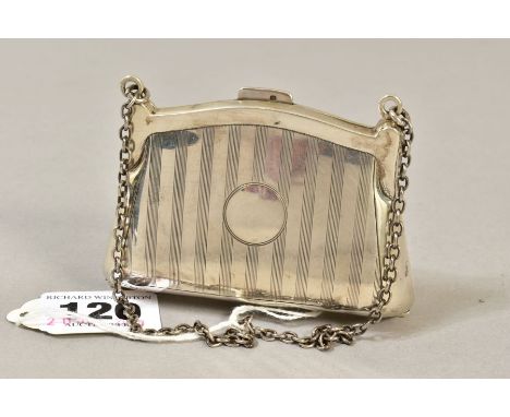 A GEORGE V SILVER PURSE, engine turned decoration, fabric lined interior, on a chain and finger ring, makers Horton &amp; All