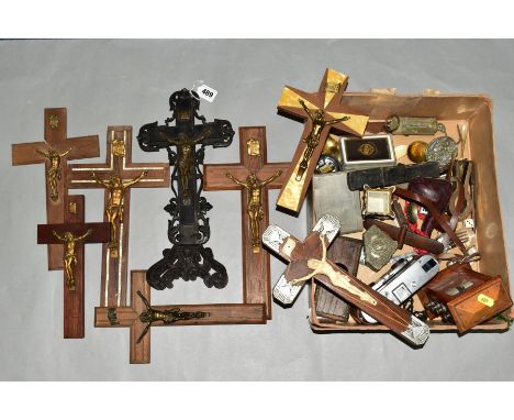TWO BOXES OF CRUCIFIXES AND COLLECTABLES, including a perpetual calendar, oak desk blotter, EPNS cigarette case, pipe, eight 