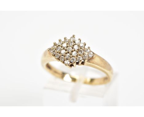 A 9CT GOLD CLUSTER RING, designed as a lozenge shaped cubic zirconia set cluster, to the plain polished band, with a 9ct hall