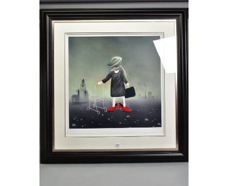 MACKENZIE THORPE (BRITISH 1956) 'SUNDAY BEST' a female figure dressed in black, wearing sparkly red shoes, a limited edition 