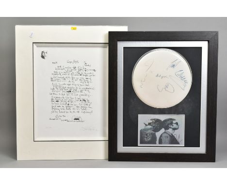 OASIS BAND AUTOGRAPHS, a framed drum skin bearing signatures by Liam and Noel Gallagher, Andy Bell, Gem Archer? and Zak Stark