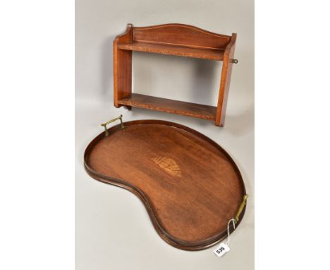 A VICTORIAN MAHOGANY TWIN HANDLED KIDNEY SHAPED GALLERIED TRAY, having feature shell decoration to the centre, with a mahogan