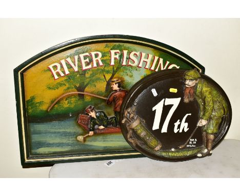 A VINTAGE STYLE WOODEN DISPLAY SIGN, 'RIVER FISHING' featuring moulded relief Anglers in a boat, size approximately 40cm x 60