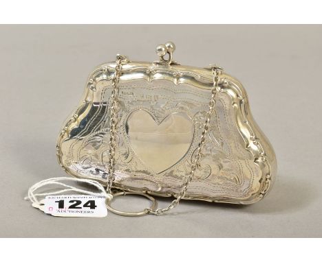 A GEORGE V SILVER PURSE, scrolled outline, foliate engraved and vacant heart shaped cartouche, tan kid lined interior, on cha