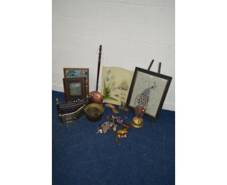 A QUANTITY OF MISCELLANEOUS to include various fire screens, two brass pans, low fire grate fronts, oil lamp, warming pan, et