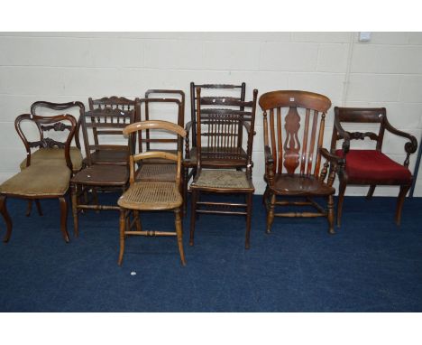 A QUANTITY OF VARIOUS VINTAGE/PERIOD CHAIRS, to include Victorian Windsor armchair, Georgian rush seated elbow chair, etc (12