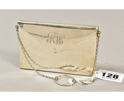 A GEORGE V SILVER CARDCASE OF ENVELOPE FORM, engraved initials, gilt interior, on chain with finger ring, maker's Adie &amp; 