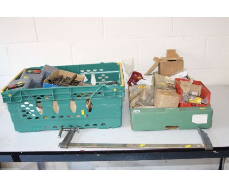 TWO TRAYS CONTAINING NUTS, BOLTS, 50mm industrial fuses, four Olympia 100mm G clamps, four record 4'' G clamps, a 700mm quick