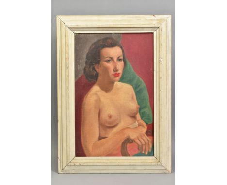 A VINTAGE HALF LENGTH NUDE STUDY OF A FEMALE FIGURE, unsigned, oil on board, framed, approximately 53cm x 34cm (condition: sc
