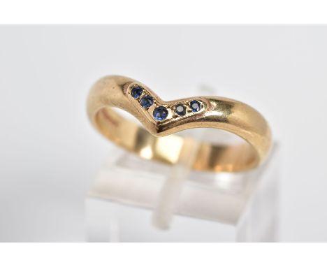 A 9CT GOLD RING, of v-shaped design set with five circular cut sapphires, with a 9ct hallmark for Birmingham, ring size R, ap