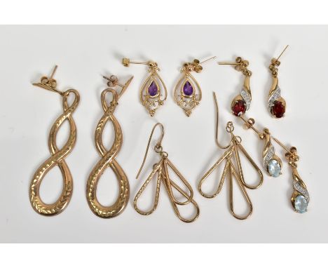 A SELECTION OF EARRINGS, to include a pair of garnet and diamond set drop earrings with post and scroll fittings, a pair of a