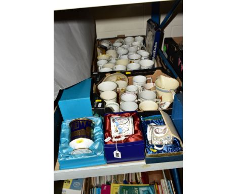 TWO BOXES AND LOOSE OF COMMEMORATIVE WEAR, including Royal Crown Derby, boxed limited edition 206/750 loving cup to welcome t