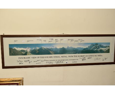 A PANORAMIC PHOTOGRAPHIC PRINT BY TOM BEBBINGTON, 'THE KHUMBU HIMAL, NEPAL FROM THE SUMMIT OF GOKYO RI, 5483M' signed by moun