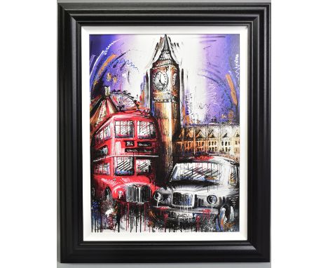 SAMANTHA ELLIS (BRITISH 1992) 'PLAYING FOR TIME' a limited edition print of London icons, Big Ben, Black Cab and Double Decke