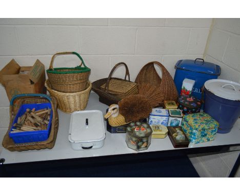 A QUANTITY OF MISCELLANEOUS to include various enamel buckets/tins, various wicker baskets, etc (20+)