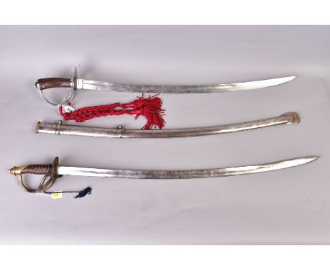 TWO MILITARY SWORDS, (A) no scabbard, wooden grip with bright steel hanguard, which is marked 4-115 with attached red cord la