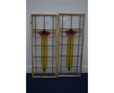 A PAIR OF RECTANGULAR ART DECO LEAD GLAZED WINDOW LIGHT, 40cm x 105cm