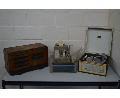 A VINTAGE DANSETTE DARK BLUE RECORD PLAYER (PAT fail due to uninsulated plug) together with a Cossor 396 valve radio and spar