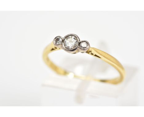 AN 18CT GOLD THREE STONE DIAMOND RING, designed with three brilliant cut diamonds within a collet mount, to the tapered shoul