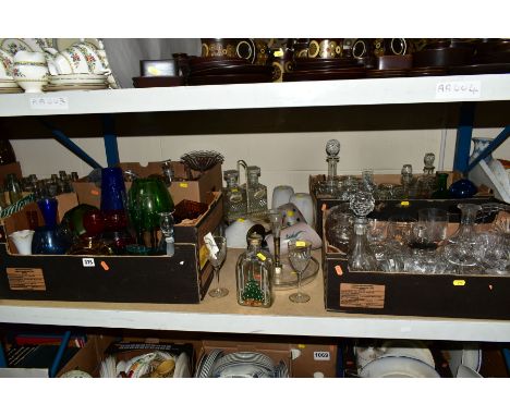 FOUR BOXES AND LOOSE GLASSWARE, including Studio glassware, cut glass decanters, EPNS tantalus containing a pair of pressed g