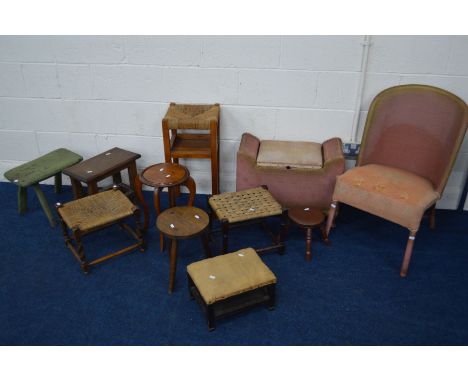 A QUANTITY OF VARIOUS VINTAGE/PERIOD STOOLS, to include a painted 19th Century milking stool, etc, together with a wicker bed