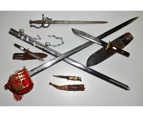 FIVE BLADED WEAPONS, short sword/dagger, steel ornate hand guard, blade engraved with Toledo ? Possibly Spanish blade, approx