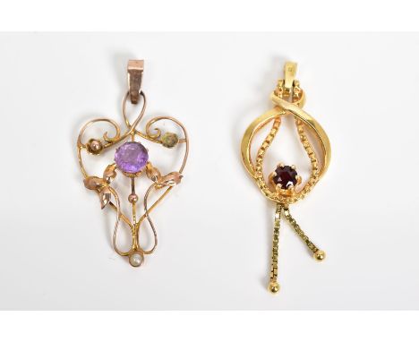 TWO PENDANTS, the first of heart shape open work design, set with a single circular cut amethyst and split pearl, stamped 9ct