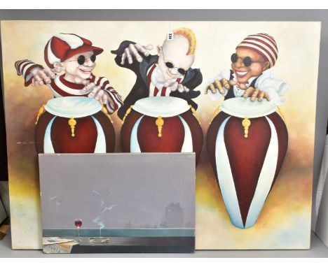 LYNN POLAND (BRITISH CONTEMPORARY), three musicians playing conga drums, signed and dated Oct 2008 verso, oil on canvas, appr