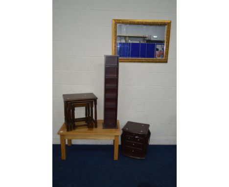 A MODERN LIGHT OAK COFFEE TABLE together with a modern gilt framed bevelled edge wall mirror, oak nest of three tables, magaz