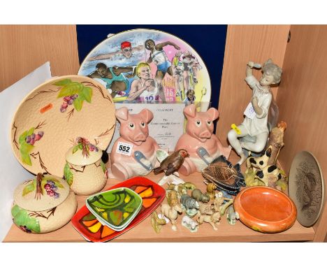 A GROUP OF ASSORTED CERAMICS, to include a Moorcroft orange lustre trinket bowl, Poole pottery trinket dishes, Wade Whimsies,