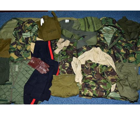 TWO BOXES OF BRITISH ARMY CLOTHING ETC, to include camouflage shirts, jackets, trousers, small document case, scarf, Bivoac s