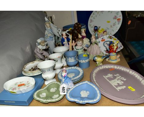 A GROUP OF CERAMICS, including a Royal Doulton figure Priscilla M.14, Wedgwood jasperware vases, pin dishes and pedestal bowl