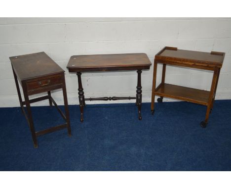 A VICTORIAN MAHOGANY CENTRE TABLE together with an oak side table with a single drawer, an oak fold over card table and trave
