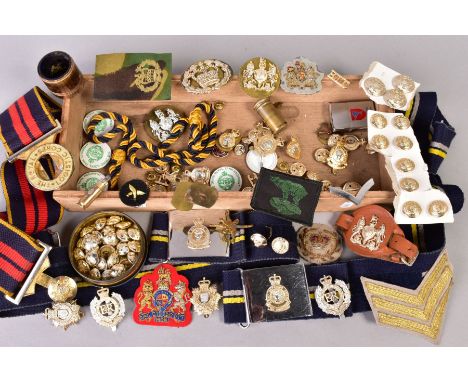 A BOX CONTAINING NUMEROUS ITEMS OF MILITARIA  to include three striped canvas Regimental belts, two Army Catering Corps, one 