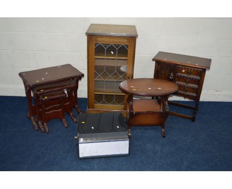 A LATE 20TH CENTURY OAK SINGLE DOOR CUPBOARD with three drawers, oak glazed hi fi cabinet, nest of three tables, occasional t