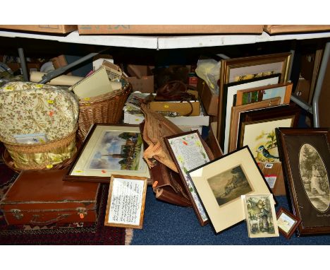 A QUANTITY OF WICKER BASKETS, TEXTILES, PRINTS, LEATHER GOODS ETC, including boxed wooden Christmas tree stand, fur stole, vi