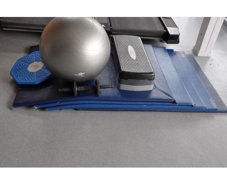 FIVE FITNESS MATS OF VARYING MAKES, 90cm x 120cm, a Ruckanor fitness ball, a V-Fit 3 section step, an AB roller and another (